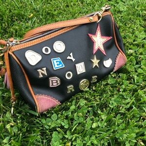 Dooney & Bourke Black Leather Crossbody with Pink Suede Accents and Tan Trim